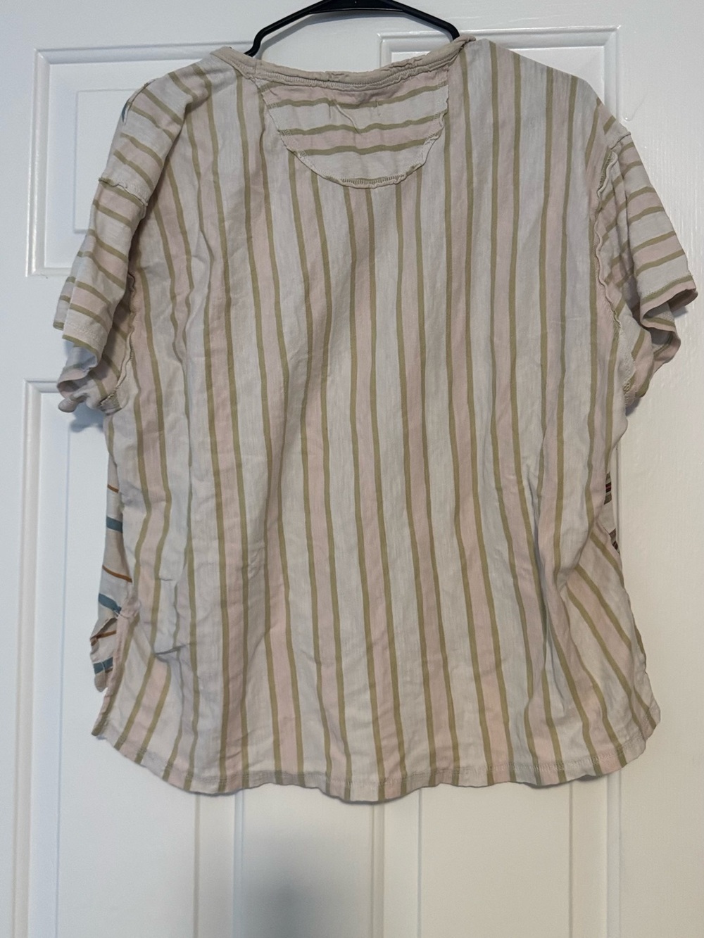 We The Free Striped Patchwork Short Sleeve Shirt in Beige, Blue, Olive - Picture 2 of 3